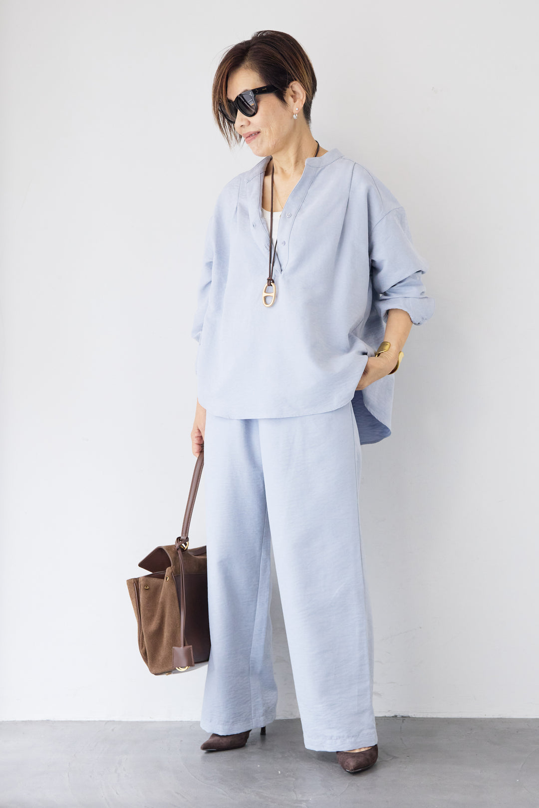 スキッパーブラウス+パンツ セットアップ