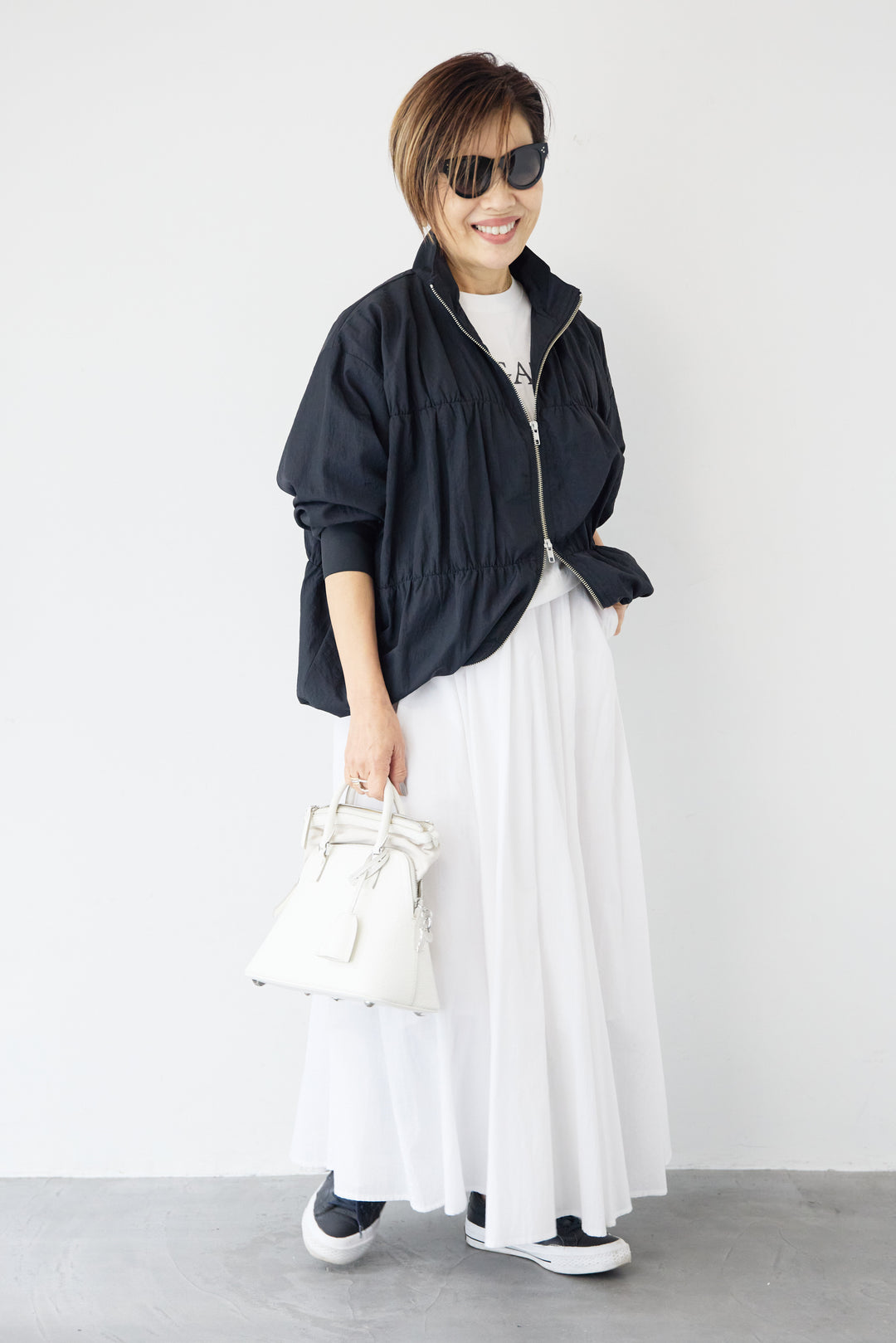 [SET]【撥水加工】シャーリングZIPブルゾン+コットンボイルフレアロングスカート(2set)