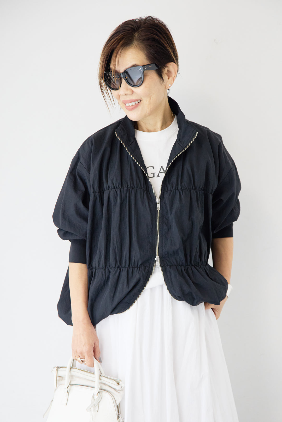 [SET]【撥水加工】シャーリングZIPブルゾン+コットンボイルフレアロングスカート(2set)