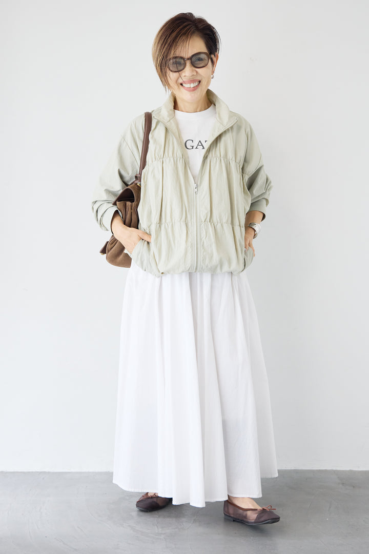 [SET]【撥水加工】シャーリングZIPブルゾン+コットンボイルフレアロングスカート(2set)