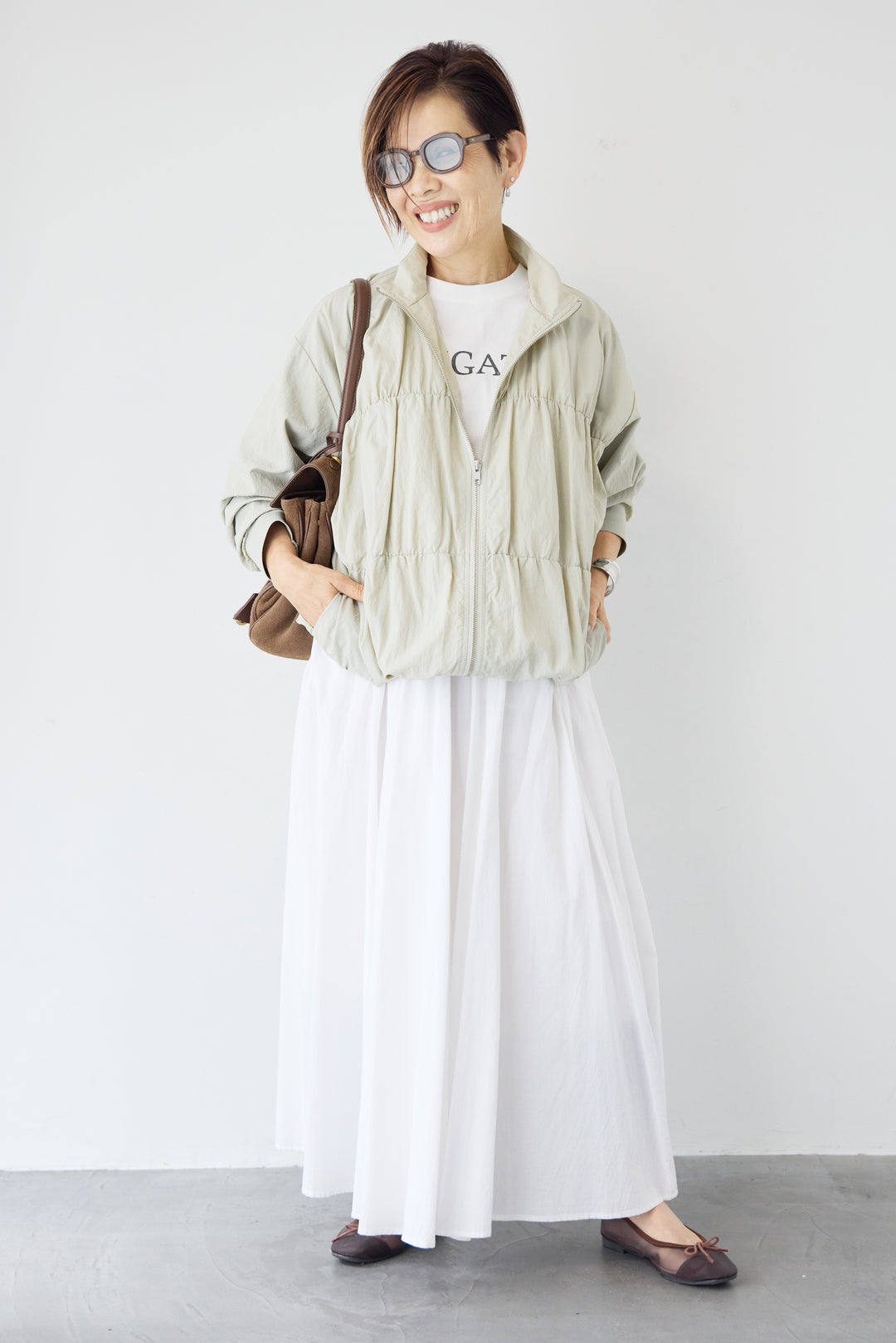 [SET]【撥水加工】シャーリングZIPブルゾン+コットンボイルフレアロングスカート(2set)