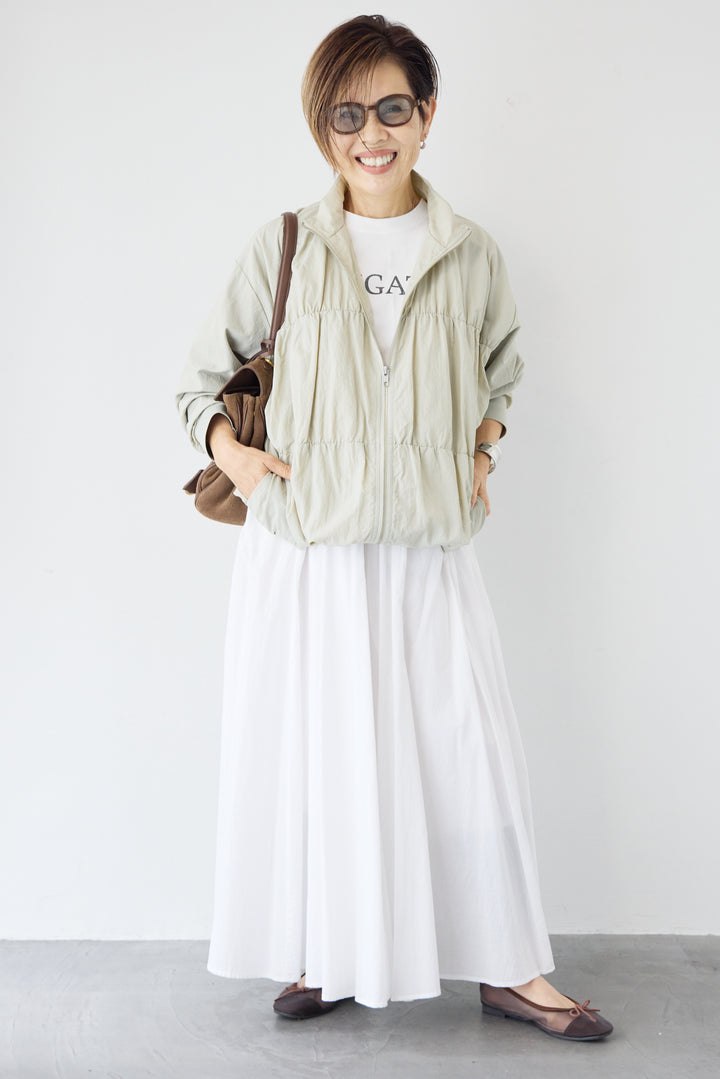 [SET]【撥水加工】シャーリングZIPブルゾン+コットンボイルフレアロングスカート(2set)