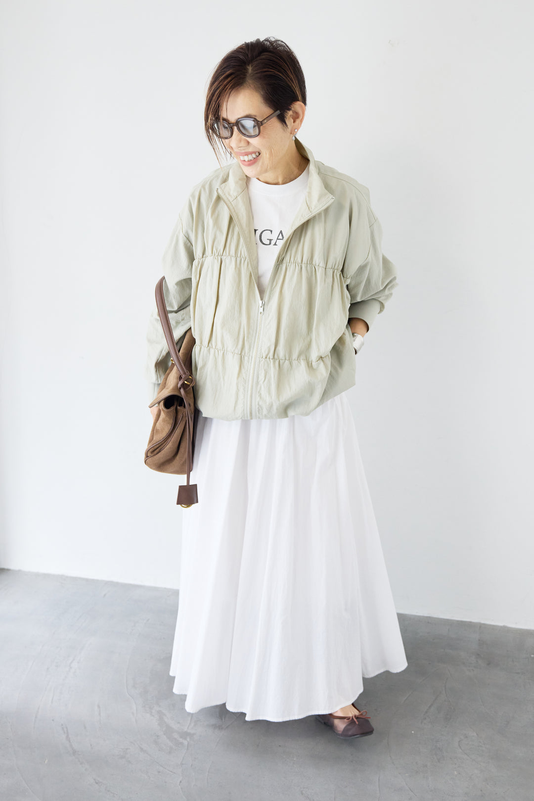 [SET]【撥水加工】シャーリングZIPブルゾン+コットンボイルフレアロングスカート(2set)