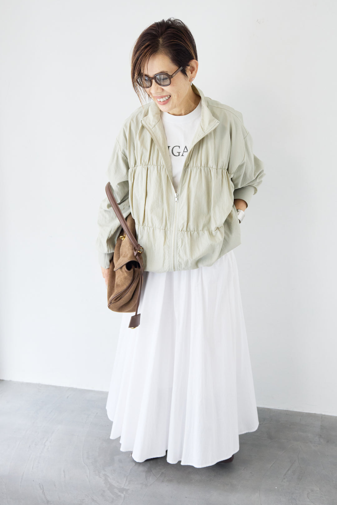 [SET]【撥水加工】シャーリングZIPブルゾン+コットンボイルフレアロングスカート(2set)