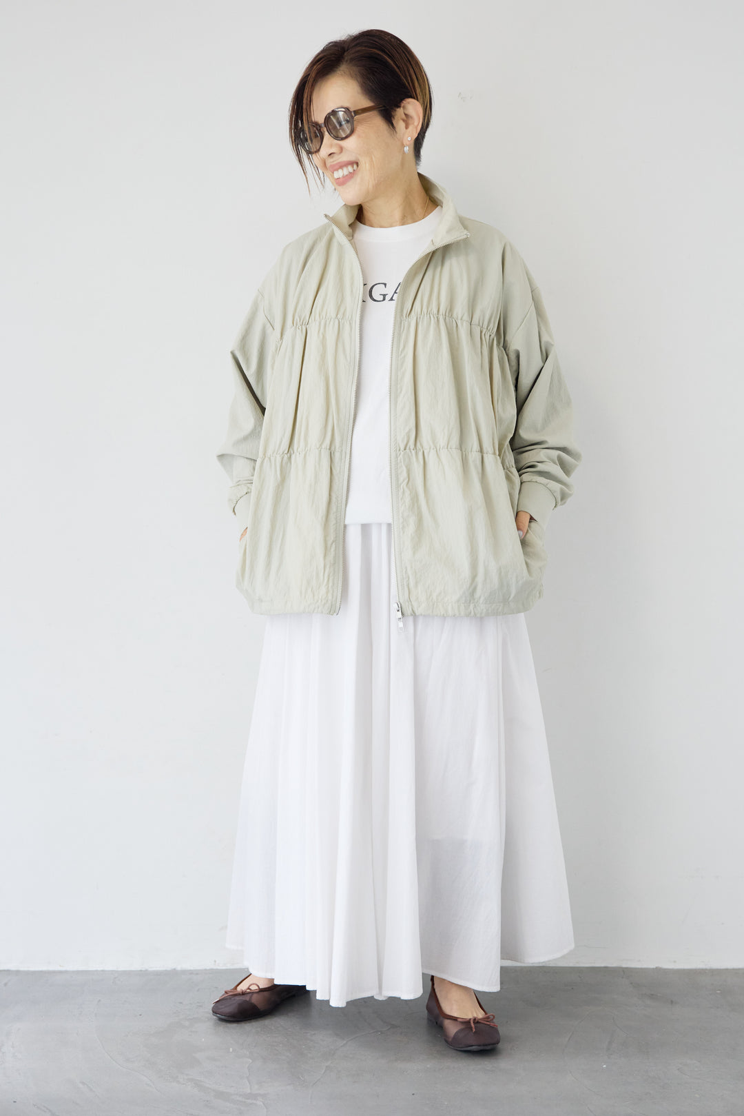 [SET]【撥水加工】シャーリングZIPブルゾン+コットンボイルフレアロングスカート(2set)