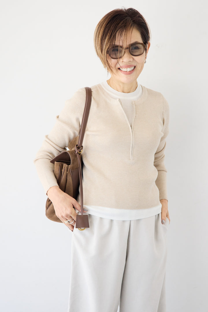 ハーフジップレイヤードデザインニット