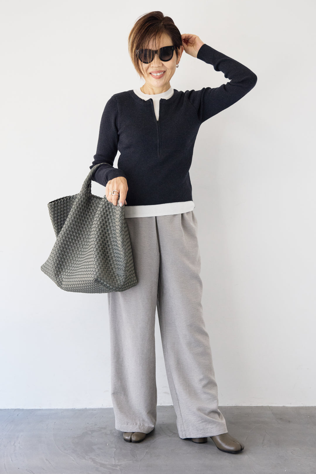 ハーフジップレイヤードデザインニット