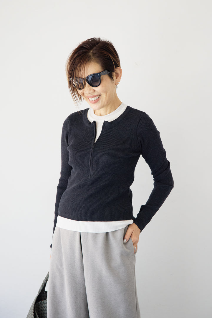 ハーフジップレイヤードデザインニット