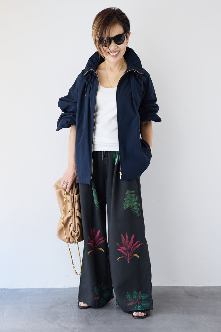 [SET]ギャザーネックライトブルゾン+ボタニカルリーフ イージーワイドパンツ(2set)