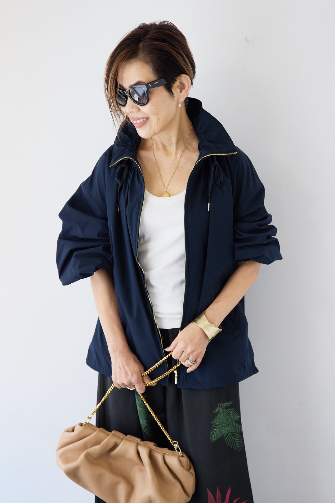 [SET]ギャザーネックライトブルゾン+ボタニカルリーフ イージーワイドパンツ(2set)