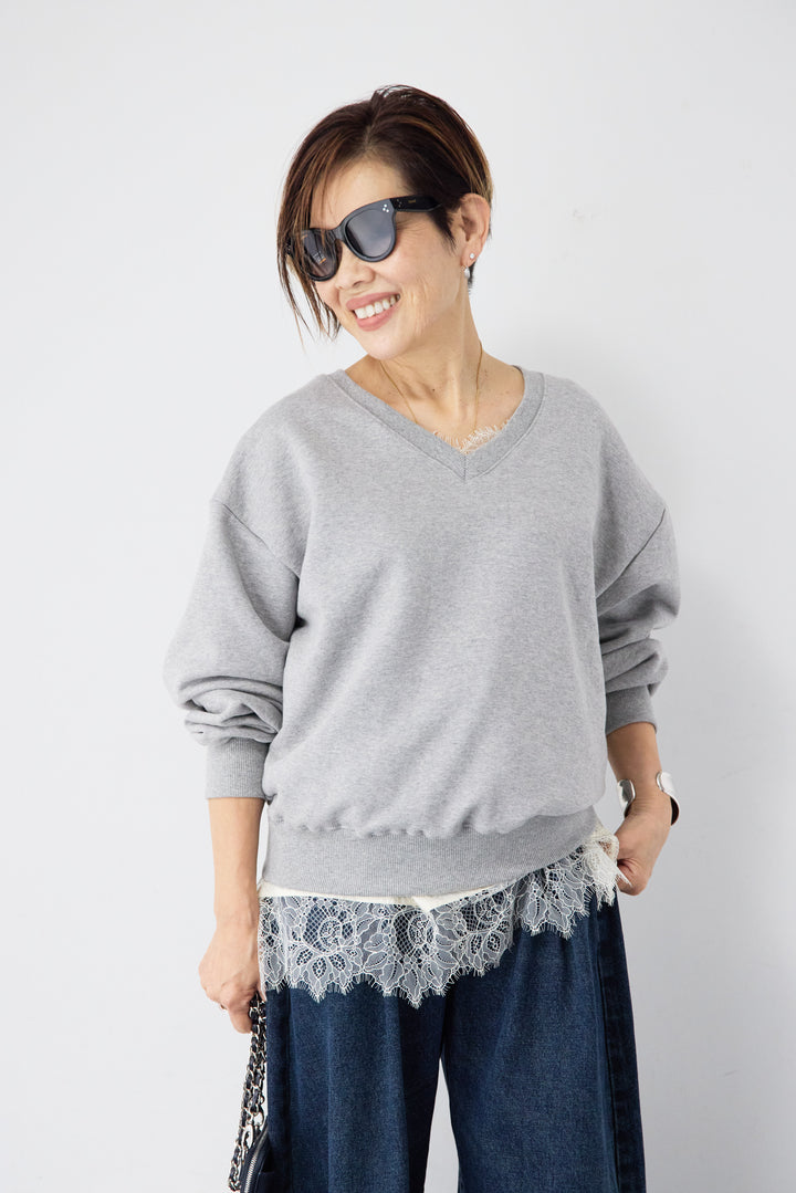 [SET]クロップド丈 Vネックスウェット+シルキーエリュール レースキャミソール(2set)