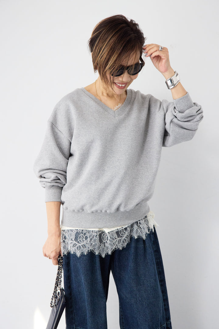 [SET]クロップド丈 Vネックスウェット+シルキーエリュール レースキャミソール(2set)