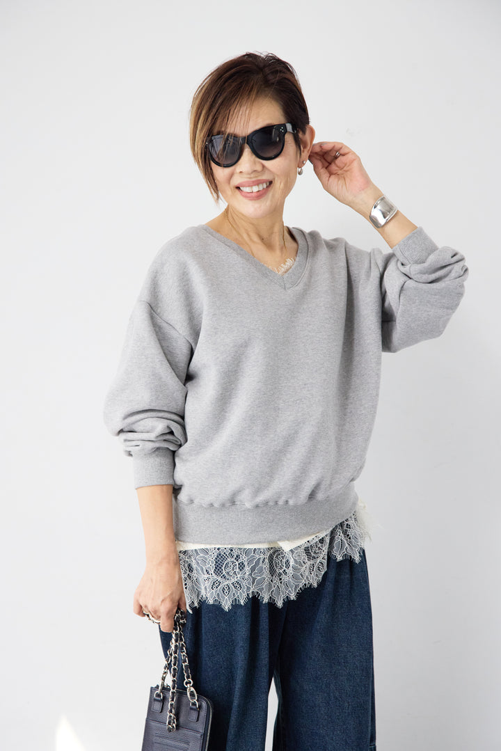 [SET]クロップド丈 Vネックスウェット+シルキーエリュール レースキャミソール(2set)