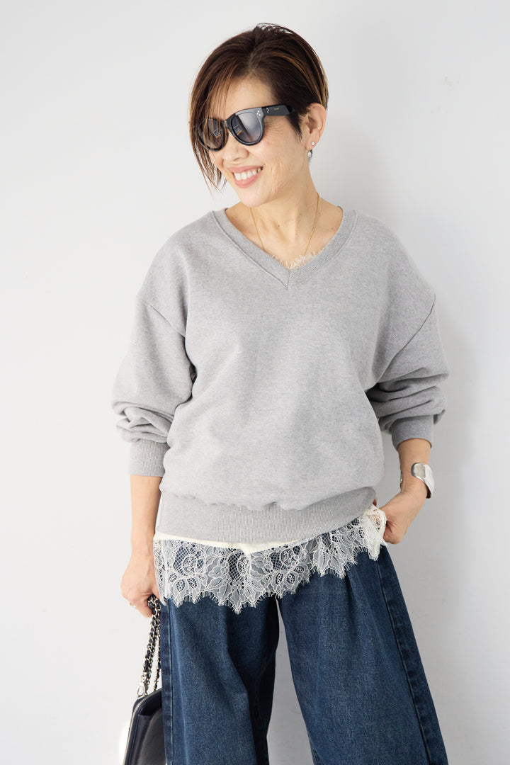 [SET]クロップド丈 Vネックスウェット+シルキーエリュール レースキャミソール(2set)