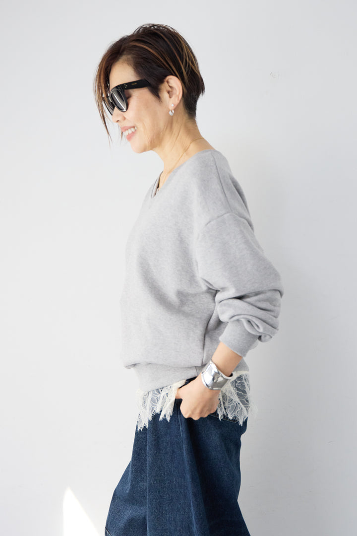 [SET]クロップド丈 Vネックスウェット+シルキーエリュール レースキャミソール(2set)