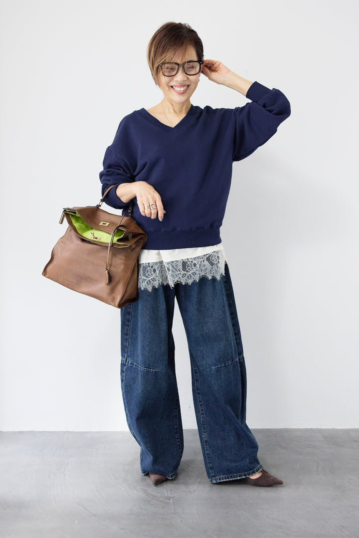 [SET]クロップド丈 Vネックスウェット+シルキーエリュール レースキャミソール(2set)