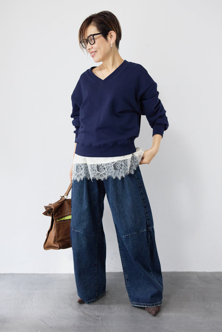 [SET]クロップド丈 Vネックスウェット+シルキーエリュール レースキャミソール(2set)