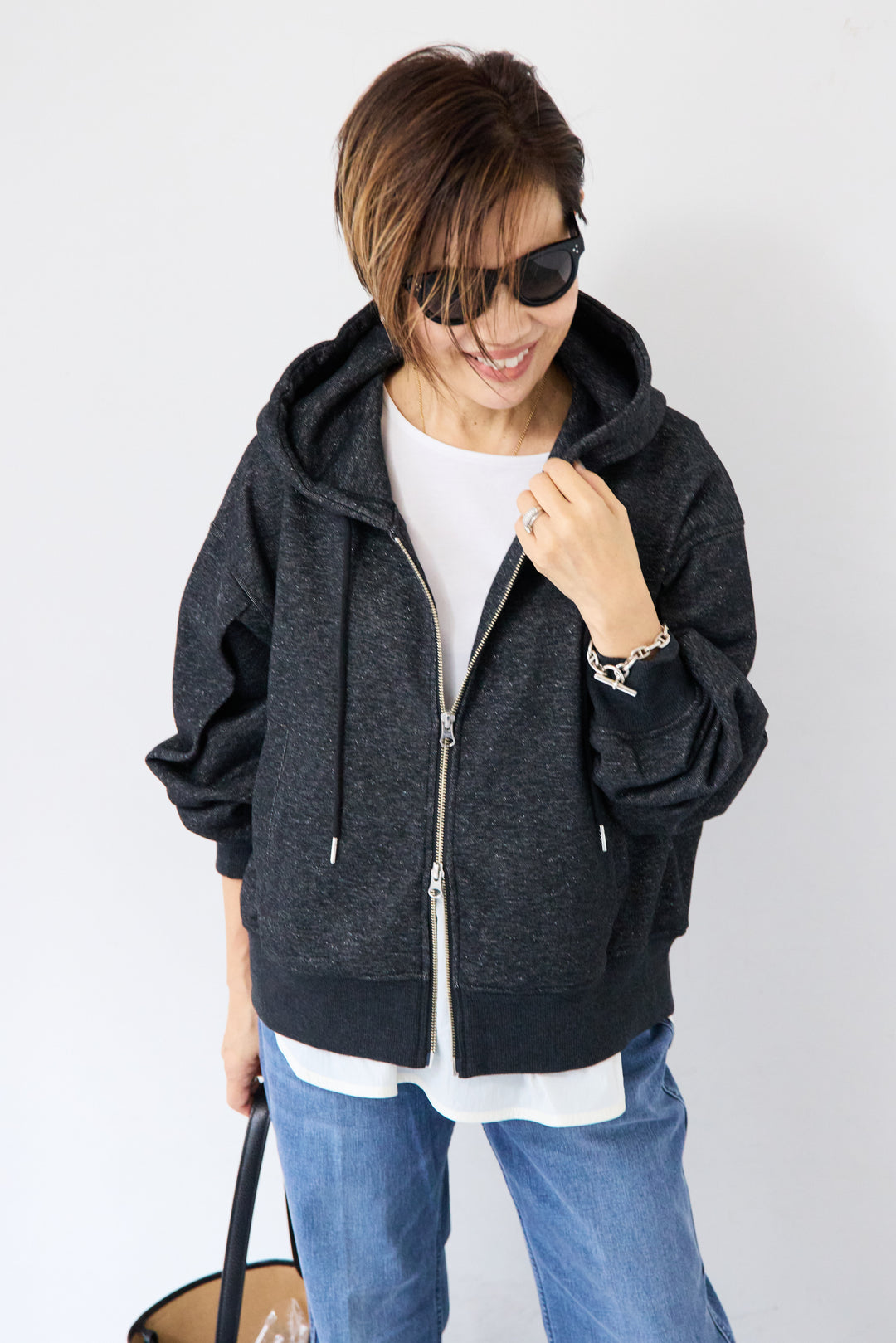 ラメ裏毛ダブルジップパーカー