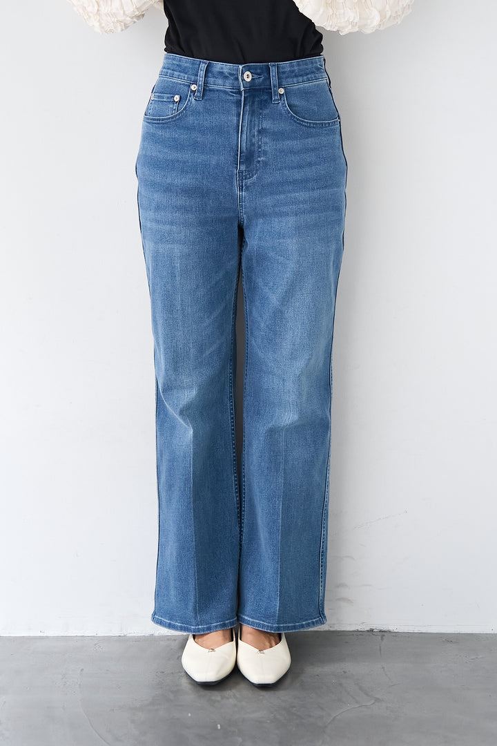 [SET]シャーリングネックボリュームブラウス+セミフレアデニムパンツ(2set)