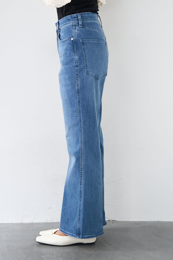 [SET]シャーリングネックボリュームブラウス+セミフレアデニムパンツ(2set)