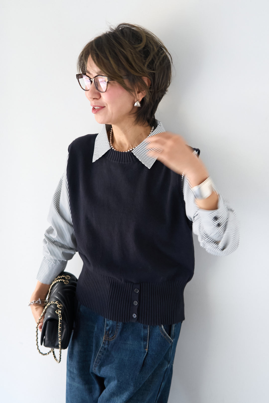 ストライプシャツ ドッキングニットベスト