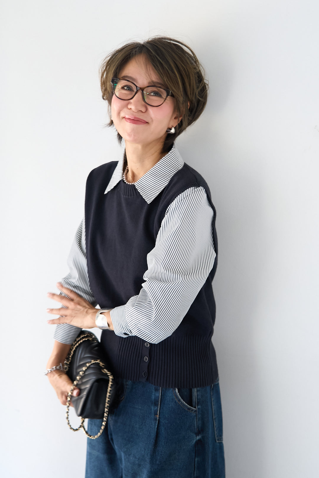 [SET]ストライプシャツ ドッキングニットベスト+カーブデニムパンツ(2set)