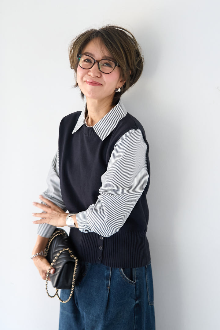 [SET]ストライプシャツ ドッキングニットベスト+カーブデニムパンツ(2set)