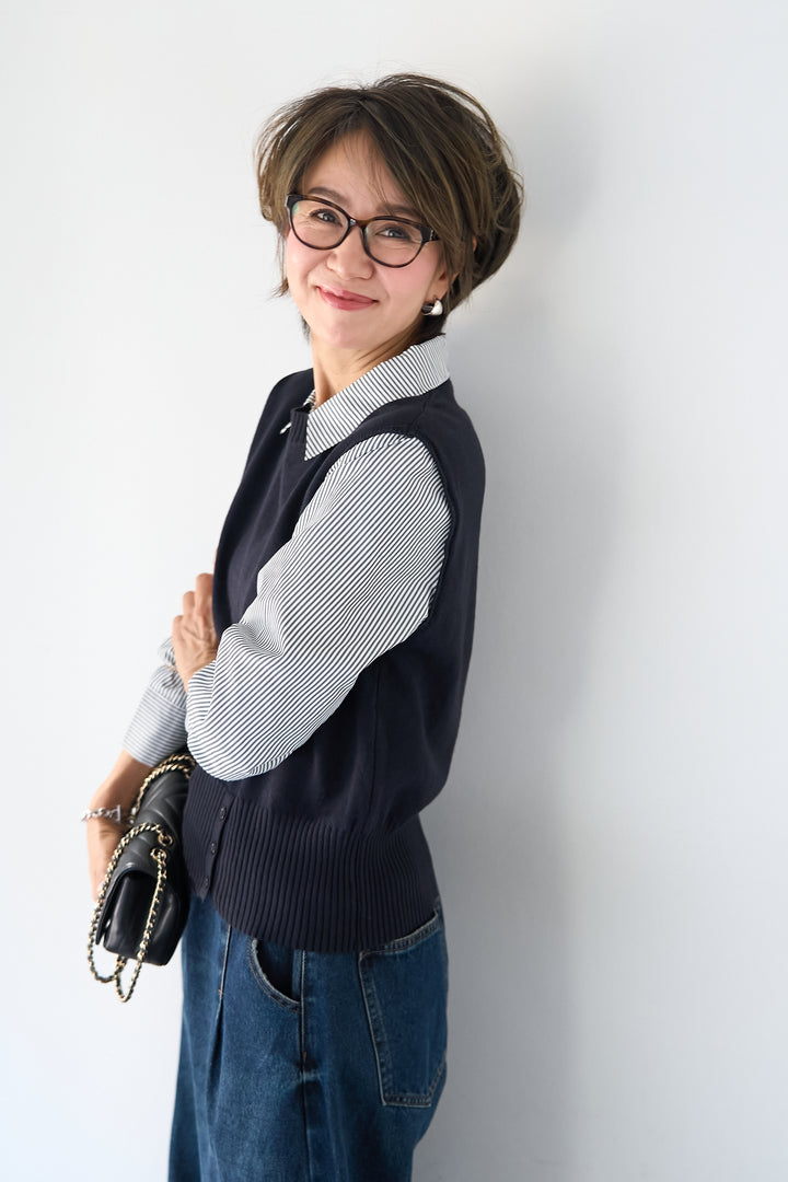 [SET]ストライプシャツ ドッキングニットベスト+カーブデニムパンツ(2set)