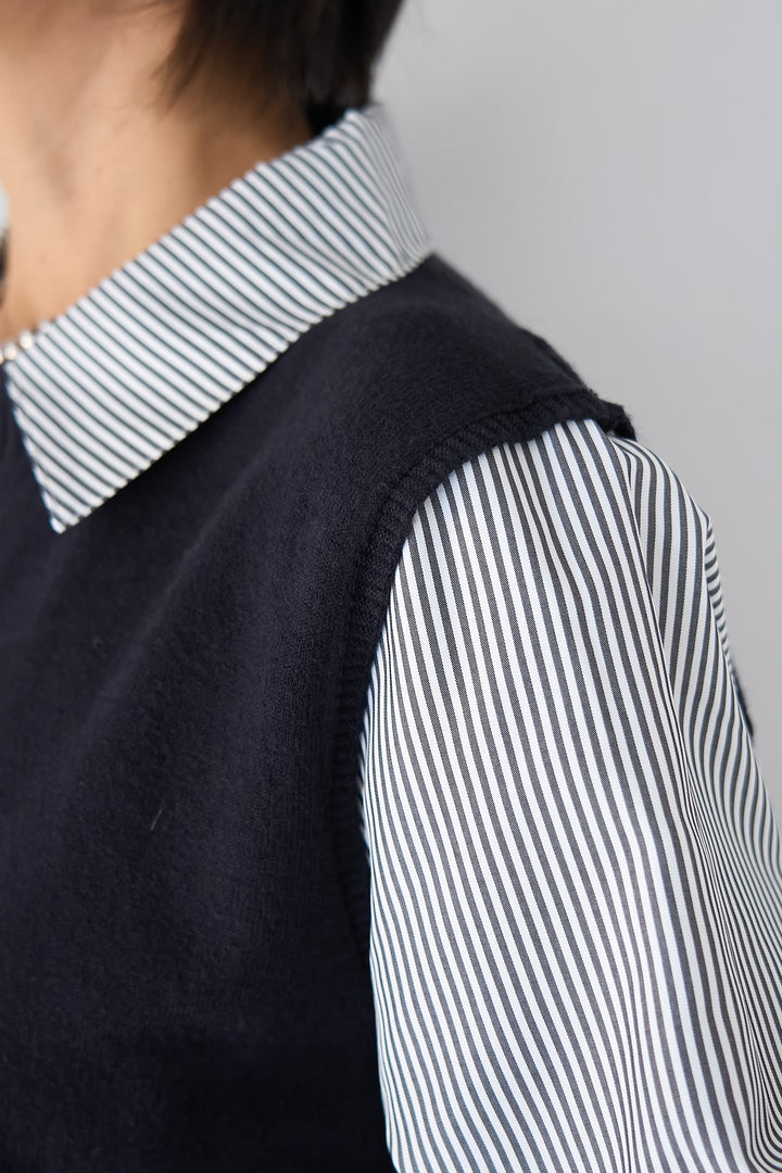 ストライプシャツ ドッキングニットベスト