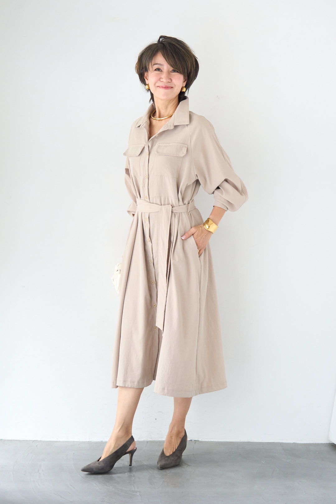 ヨークデザイン トレンチフレアワンピース