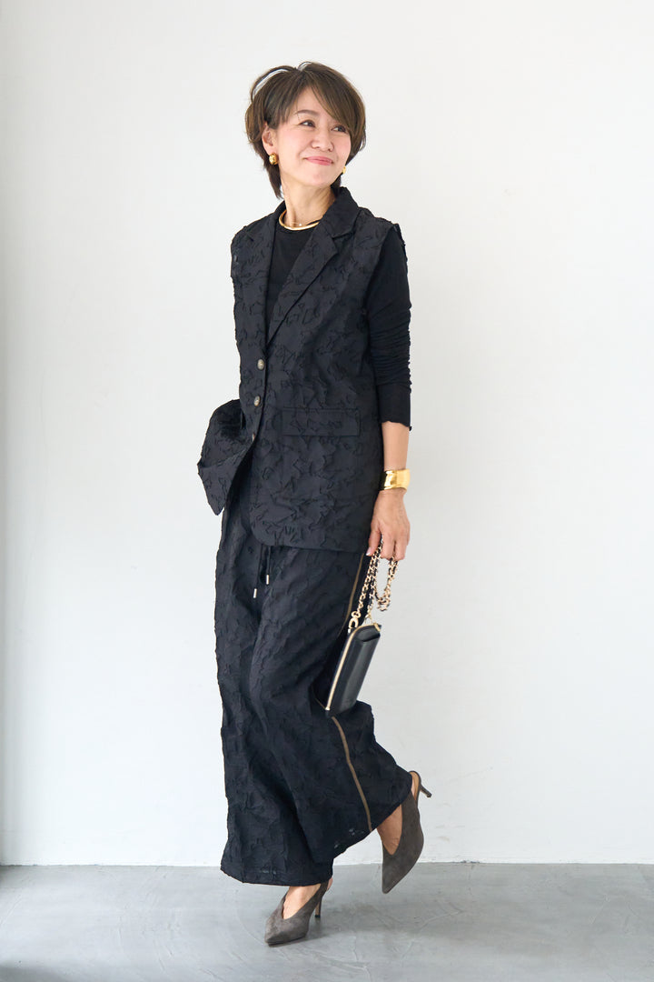 [SET]【セットアップ対応】フェミニンジャガード テーラードロングジレ+【セットアップ対応】フェミニンジャガード イージーワイドパンツ(2set)