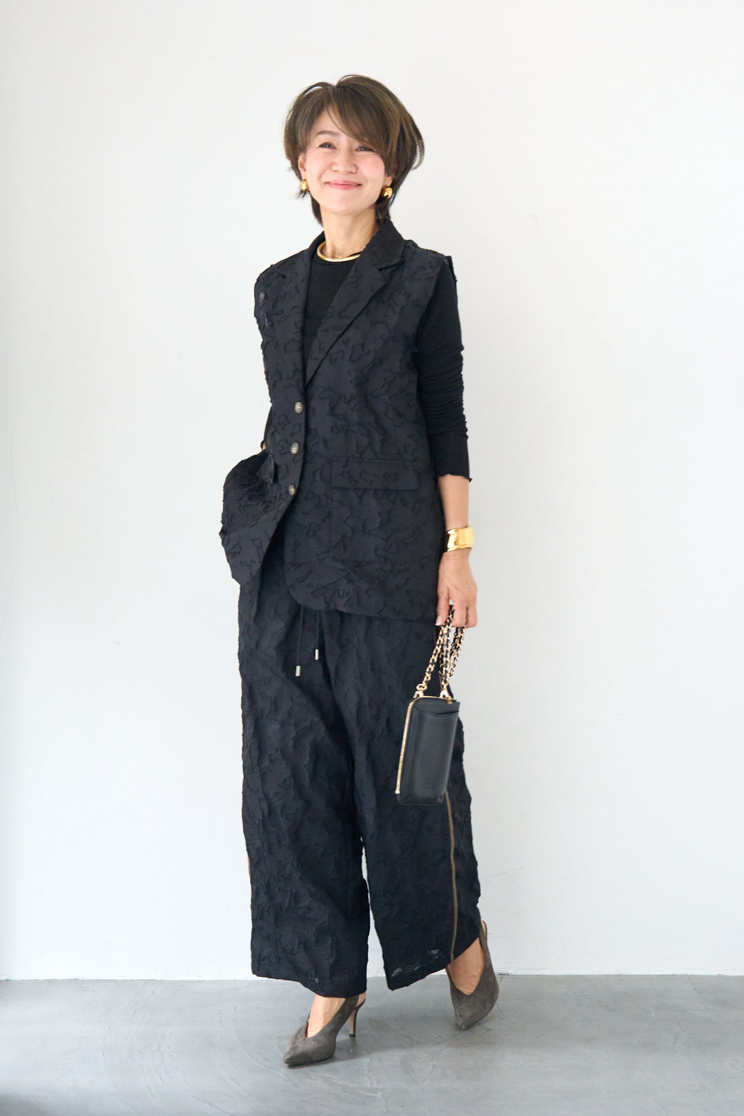 [SET]【セットアップ対応】フェミニンジャガード テーラードロングジレ+【セットアップ対応】フェミニンジャガード イージーワイドパンツ(2set)