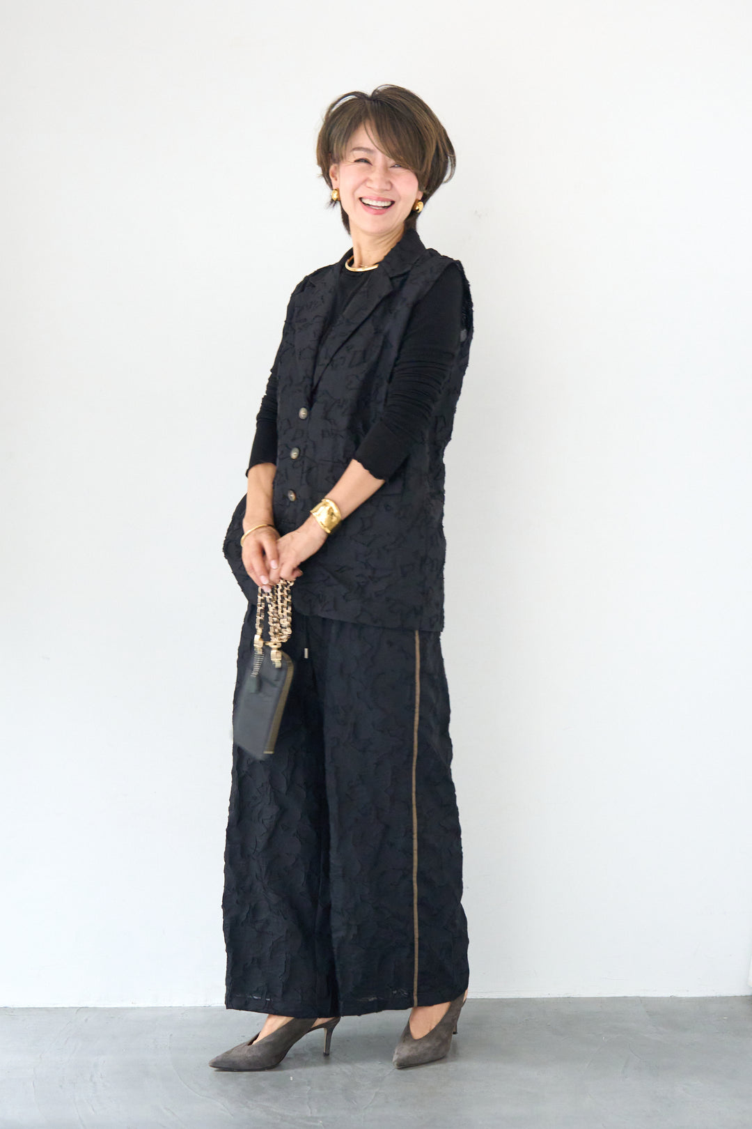 [SET]【セットアップ対応】フェミニンジャガード テーラードロングジレ+【セットアップ対応】フェミニンジャガード イージーワイドパンツ(2set)