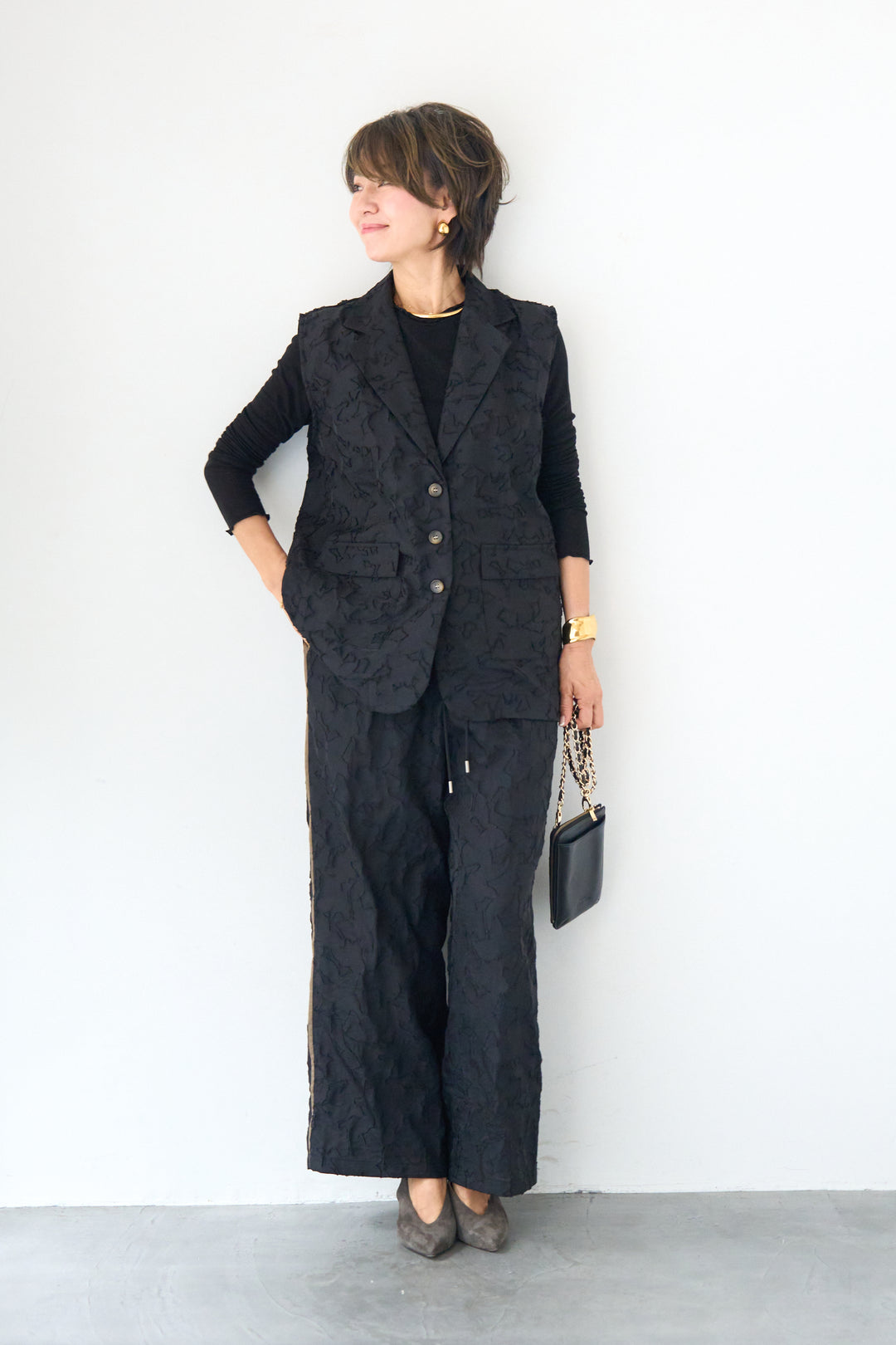 [SET]【セットアップ対応】フェミニンジャガード テーラードロングジレ+【セットアップ対応】フェミニンジャガード イージーワイドパンツ(2set)