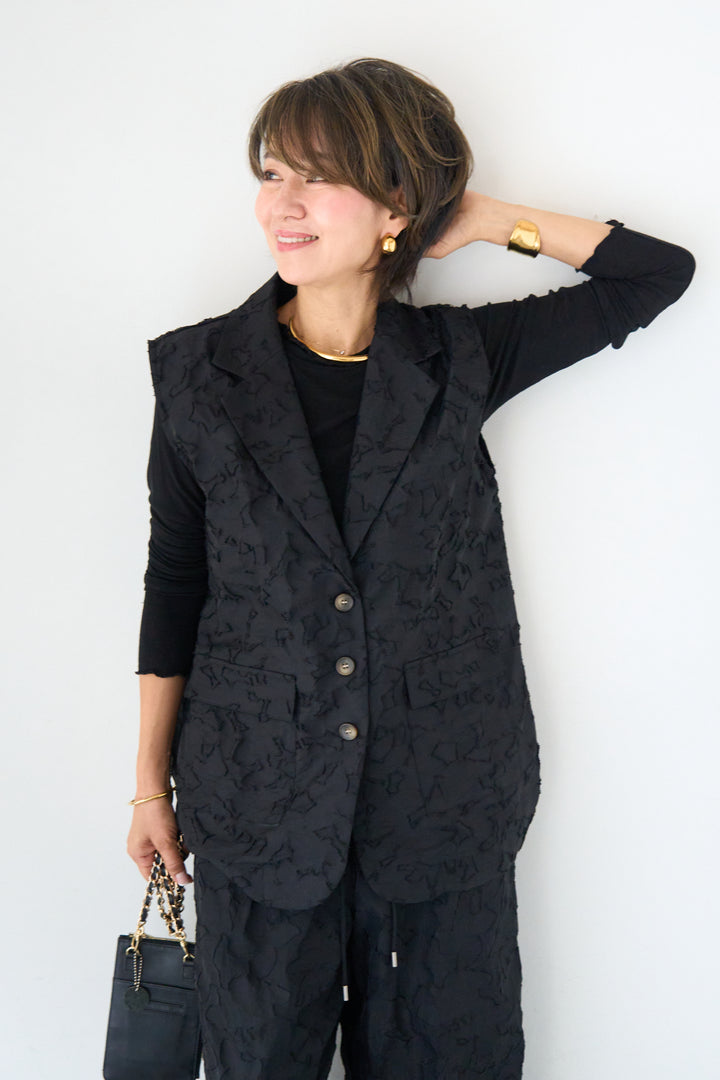 【セットアップ対応】フェミニンジャガード テーラードロングジレ