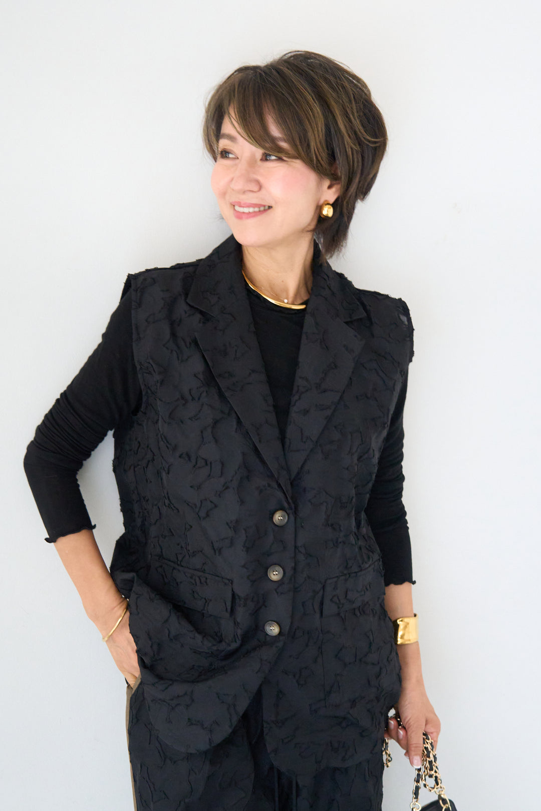 [SET]【セットアップ対応】フェミニンジャガード テーラードロングジレ+【セットアップ対応】フェミニンジャガード イージーワイドパンツ(2set)