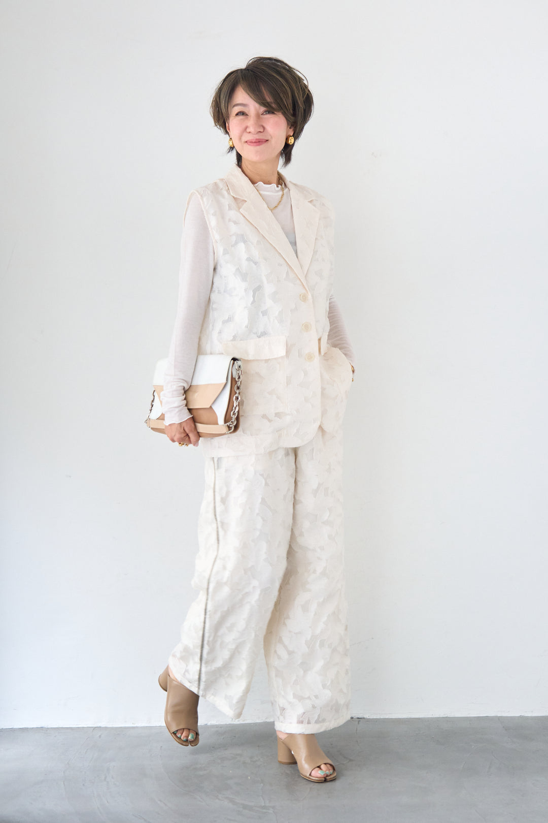 【セットアップ対応】フェミニンジャガード テーラードロングジレ