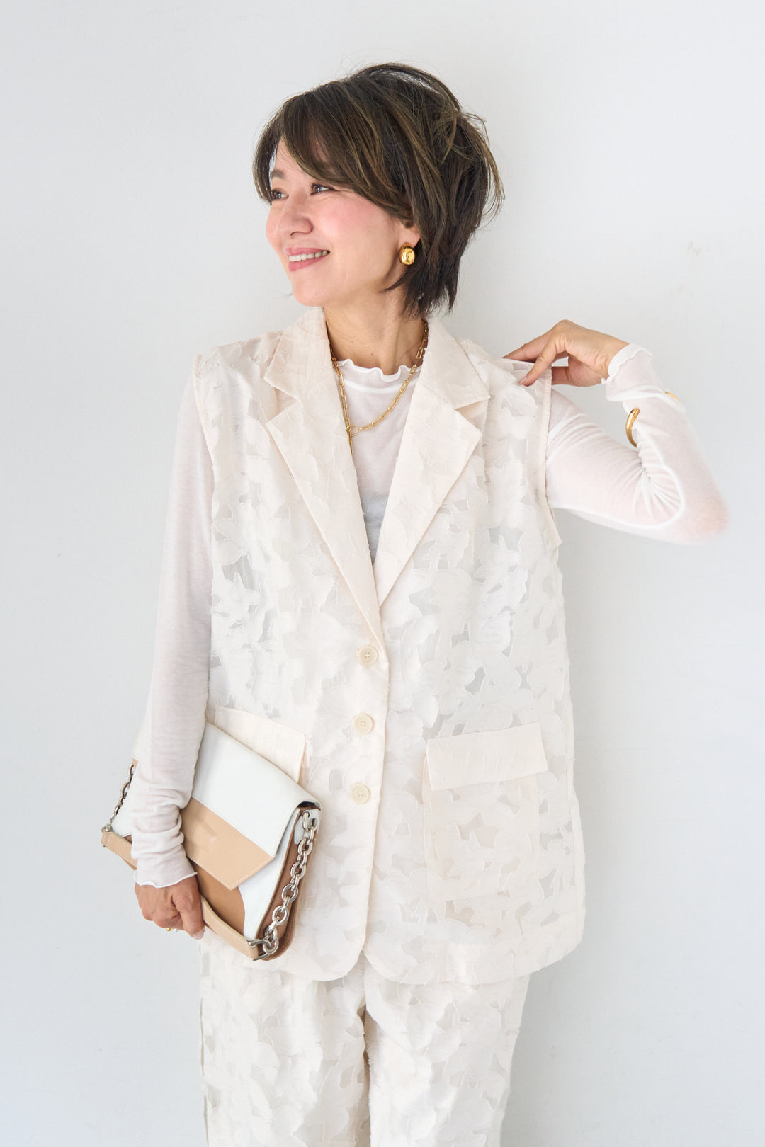 [SET]【セットアップ対応】フェミニンジャガード テーラードロングジレ+【セットアップ対応】フェミニンジャガード イージーワイドパンツ(2set)