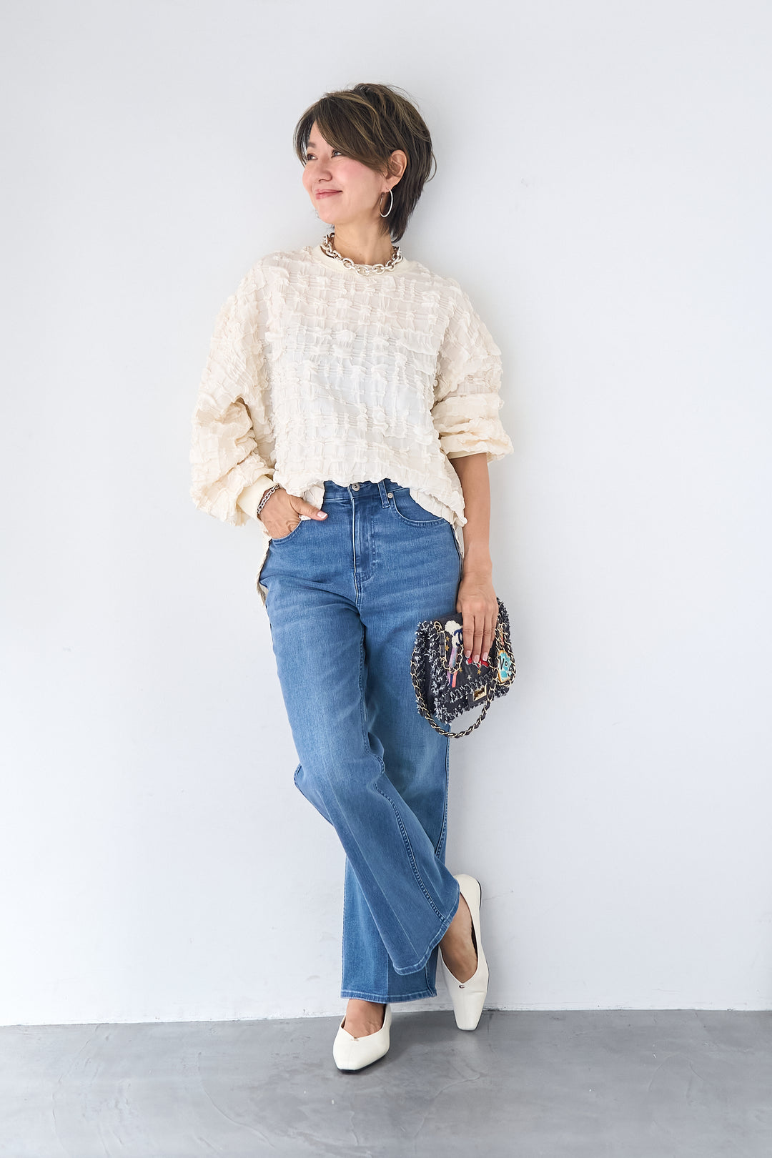 シャーリングジャガード ロングスリーブカットソー