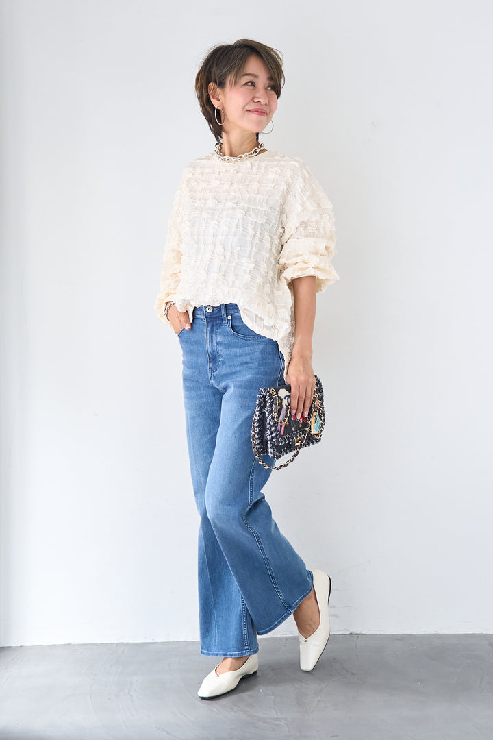 シャーリングジャガード ロングスリーブカットソー