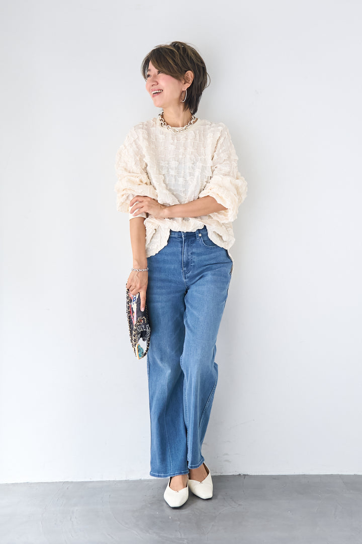 シャーリングジャガード ロングスリーブカットソー