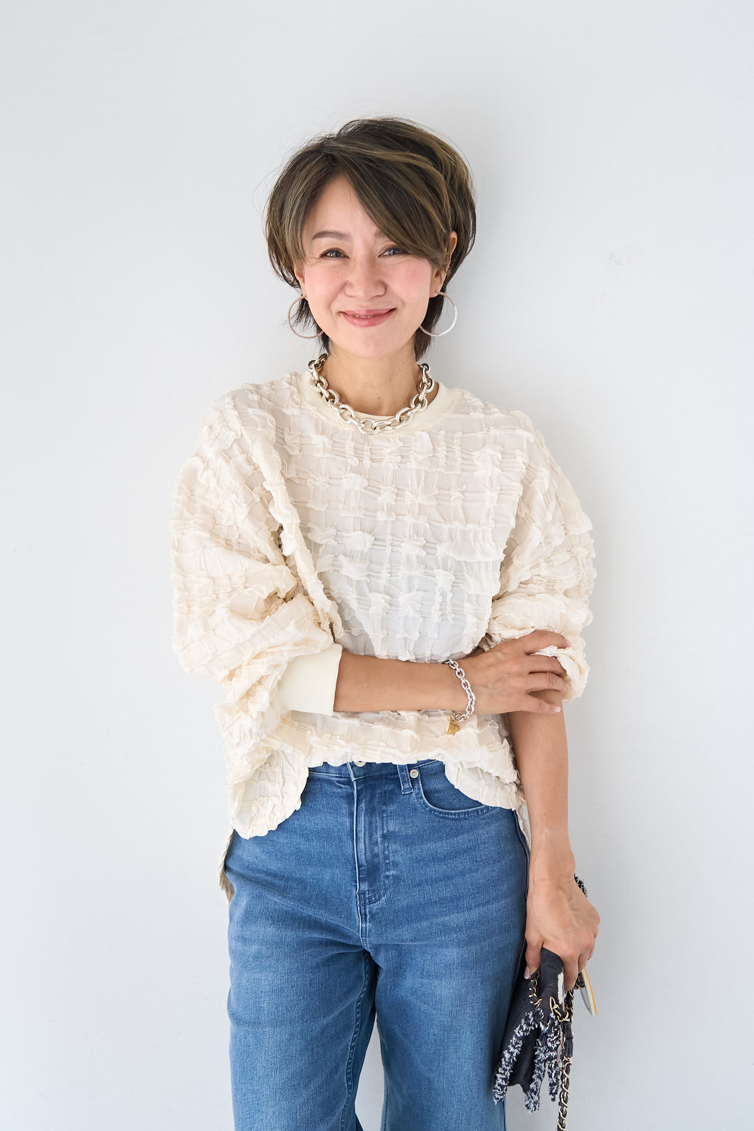 シャーリングジャガード ロングスリーブカットソー