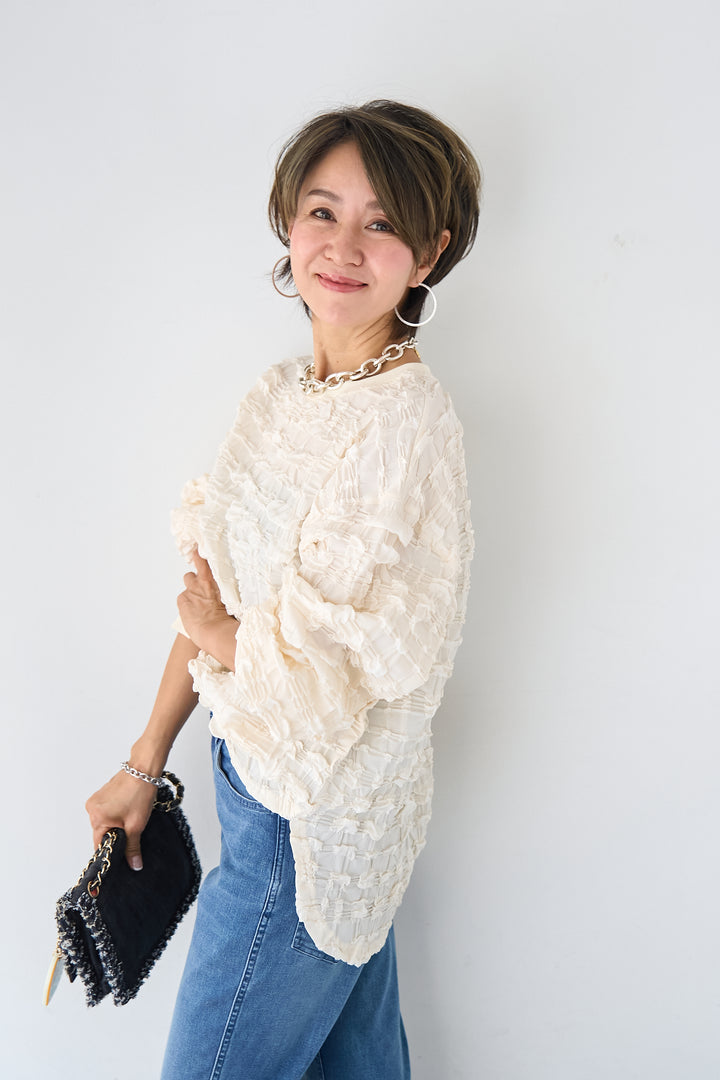 シャーリングジャガード ロングスリーブカットソー