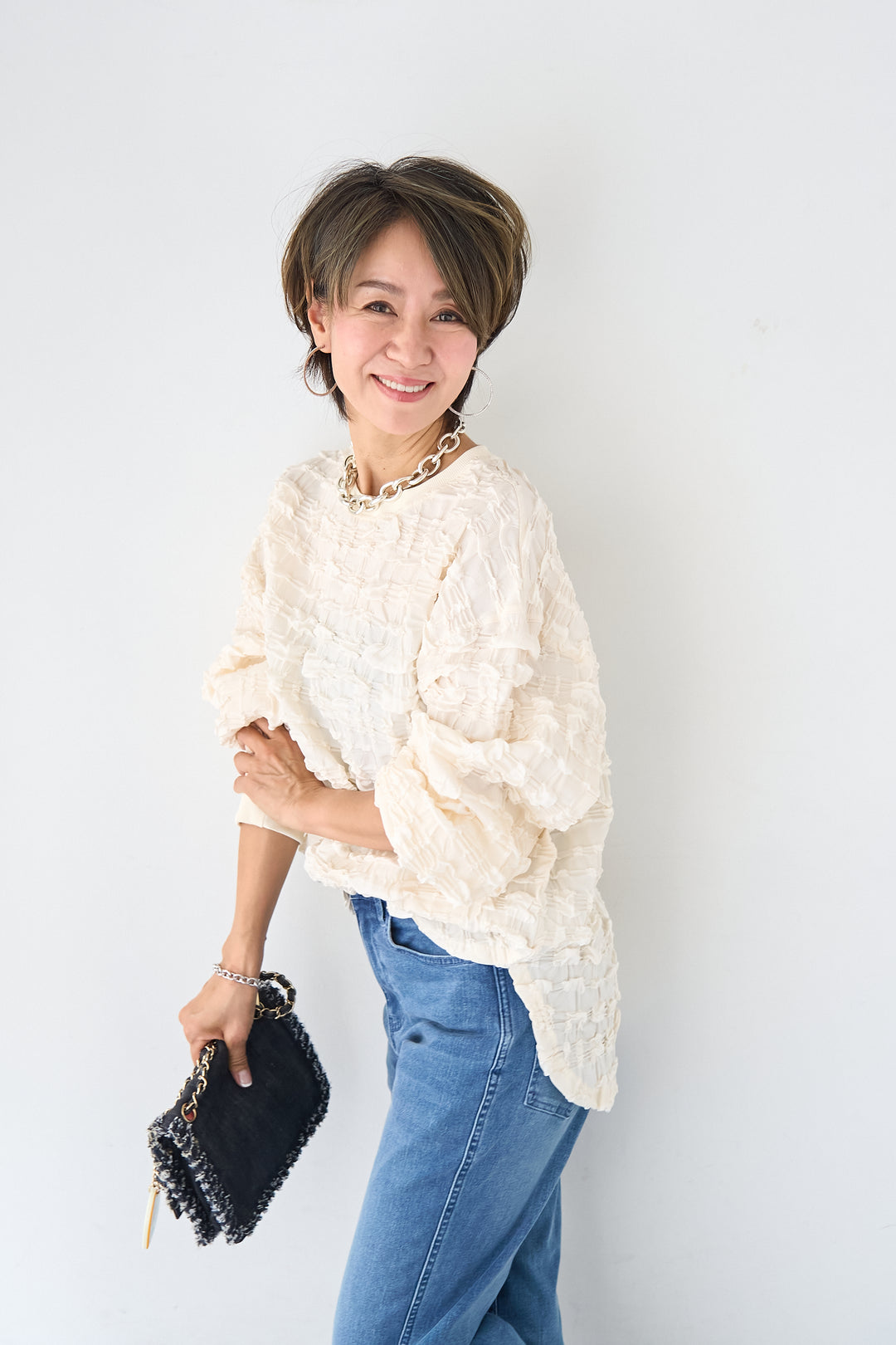 シャーリングジャガード ロングスリーブカットソー