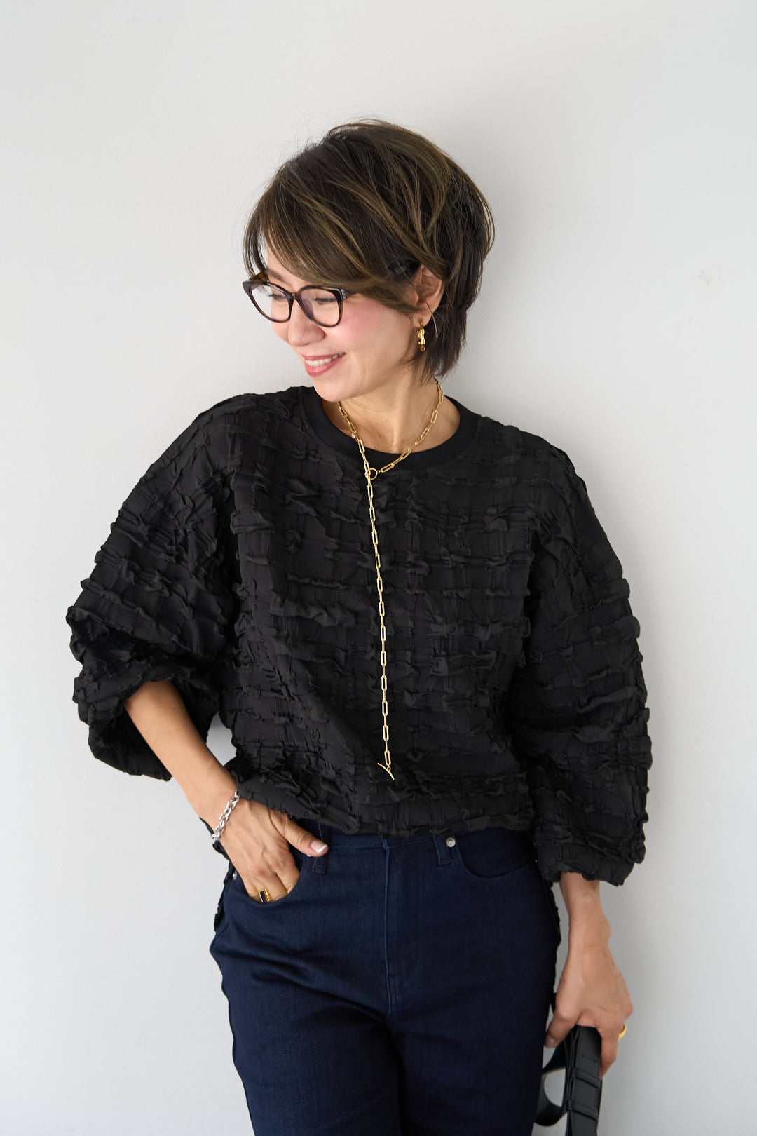 シャーリングジャガード ロングスリーブカットソー