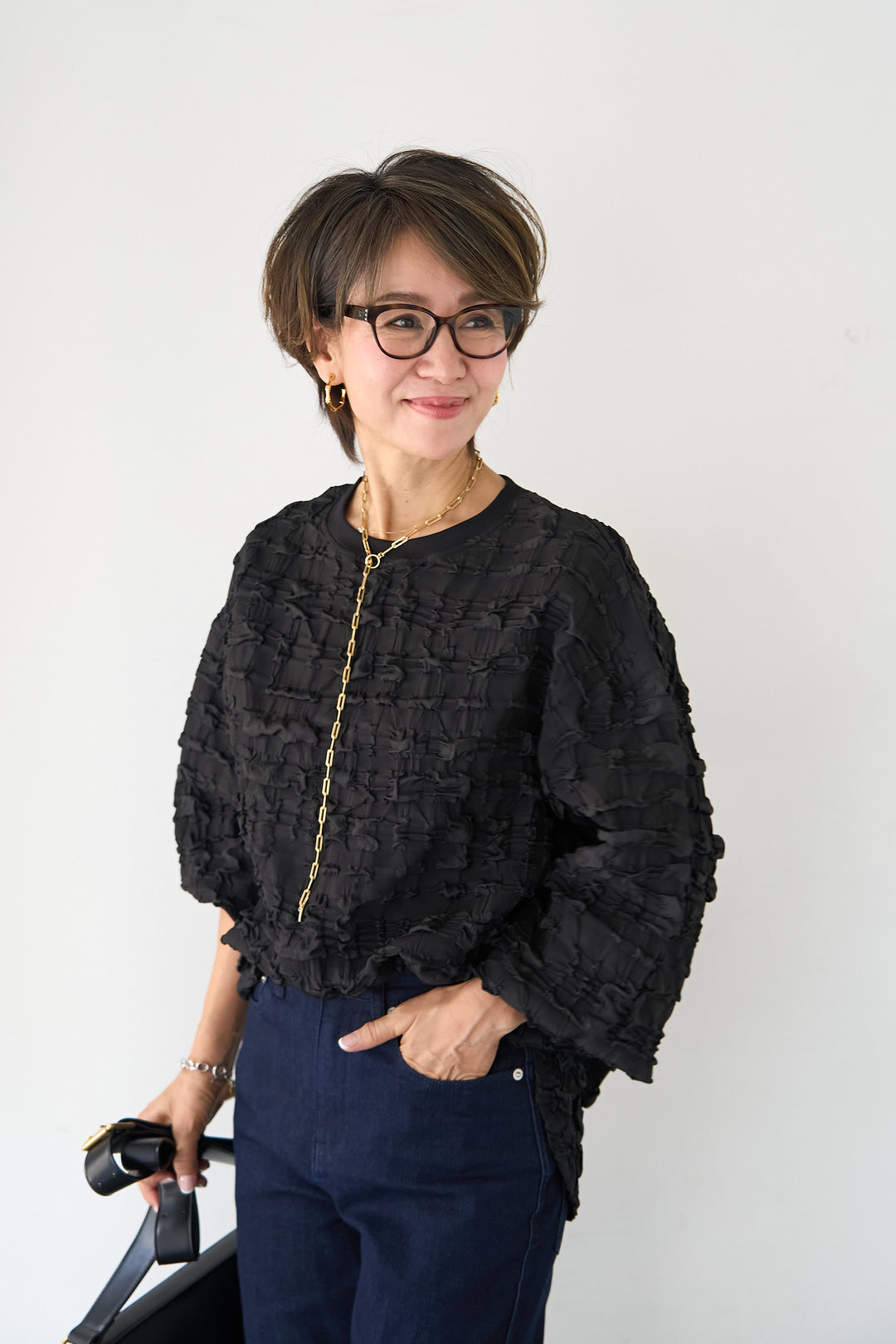 シャーリングジャガード ロングスリーブカットソー