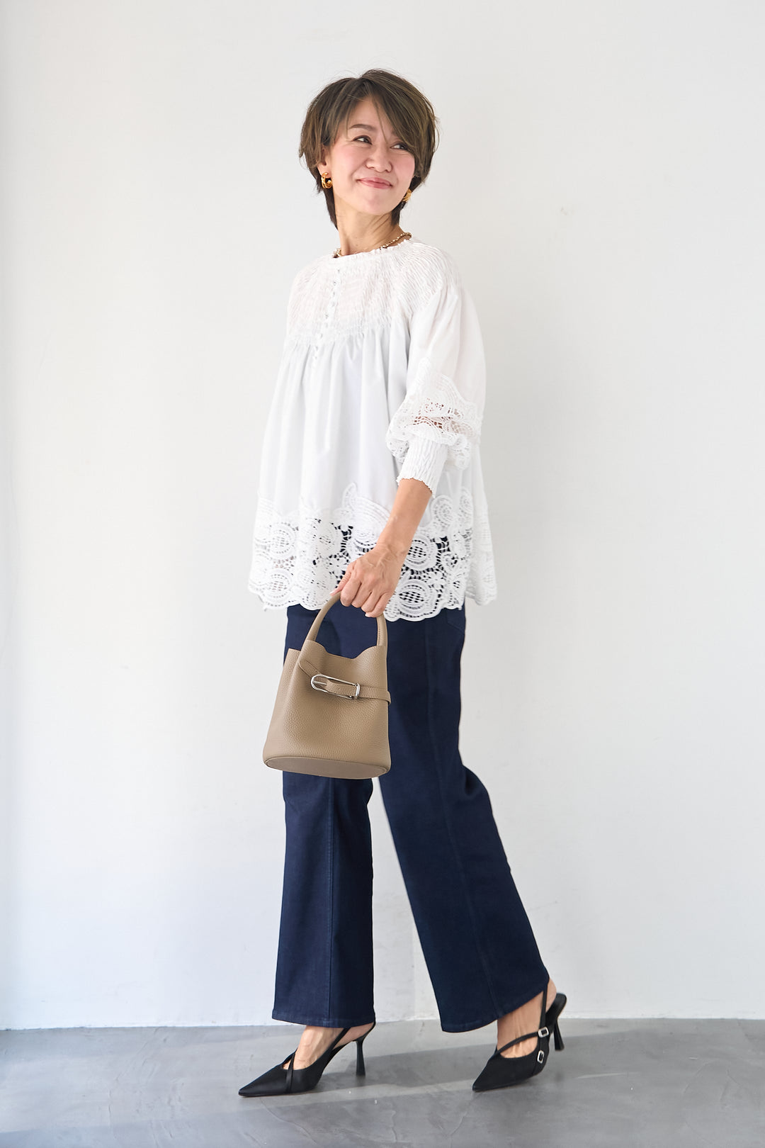 [SET]シャーリングネックボリュームブラウス+セミフレアデニムパンツ(2set)