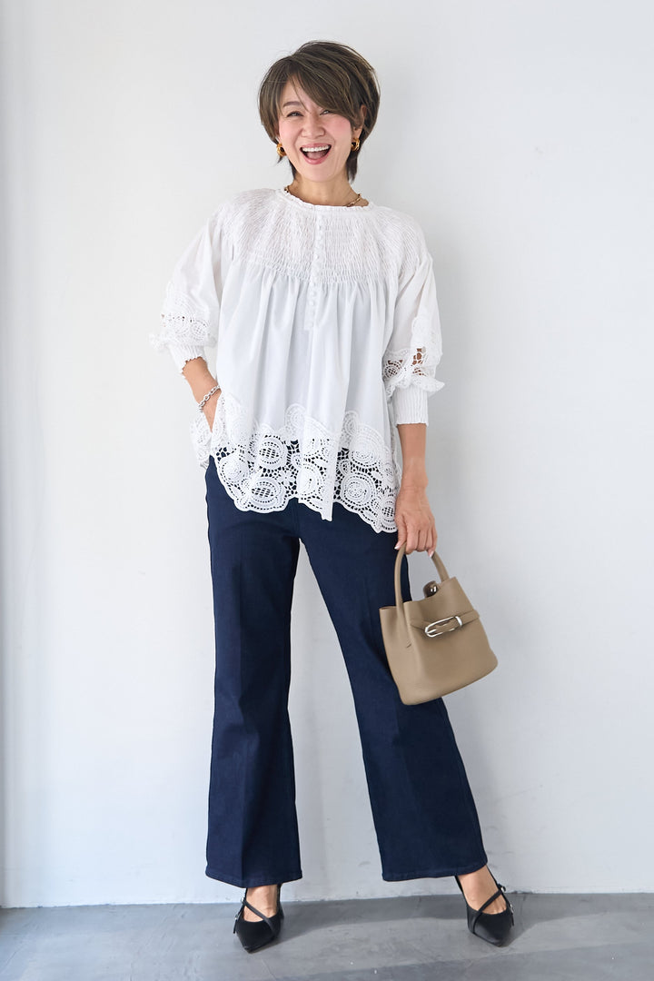 [SET]シャーリングネックボリュームブラウス+セミフレアデニムパンツ(2set)