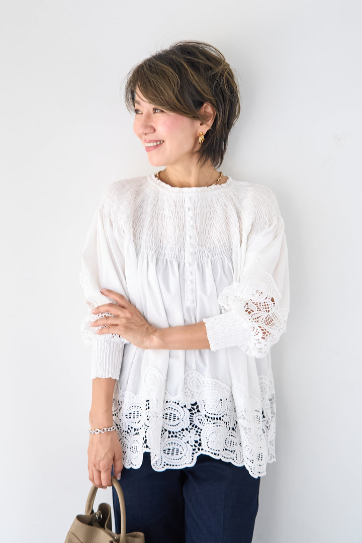 [SET]シャーリングネックボリュームブラウス+セミフレアデニムパンツ(2set)