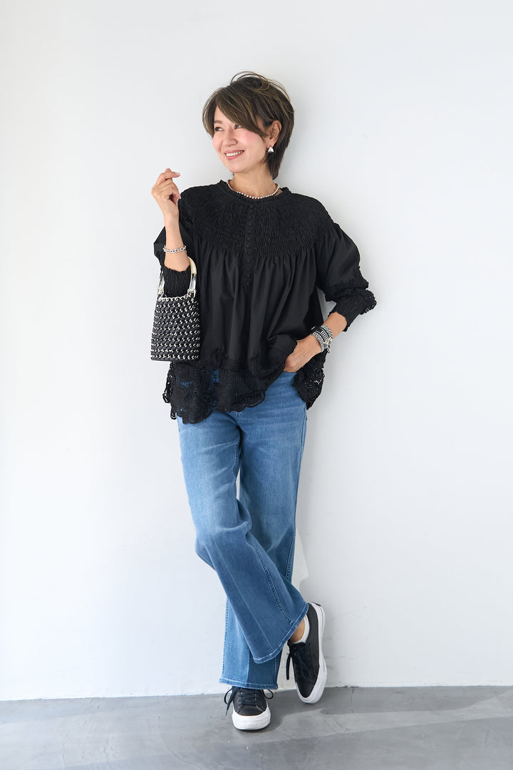 [SET]シャーリングネックボリュームブラウス+セミフレアデニムパンツ(2set)